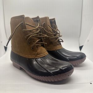 Charlotte Russe Women's size 6M Brown/Black "Duck"  Rain Boots Plaid Inner